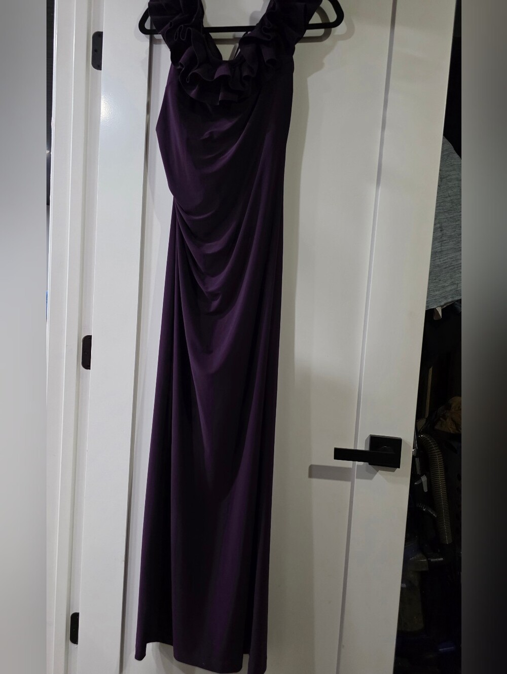 Xscape Plus Size Ruffled Off-the-Shoulder Long Sheath Dress - Grape, sz 16 Reg. - Picture 7 of 11